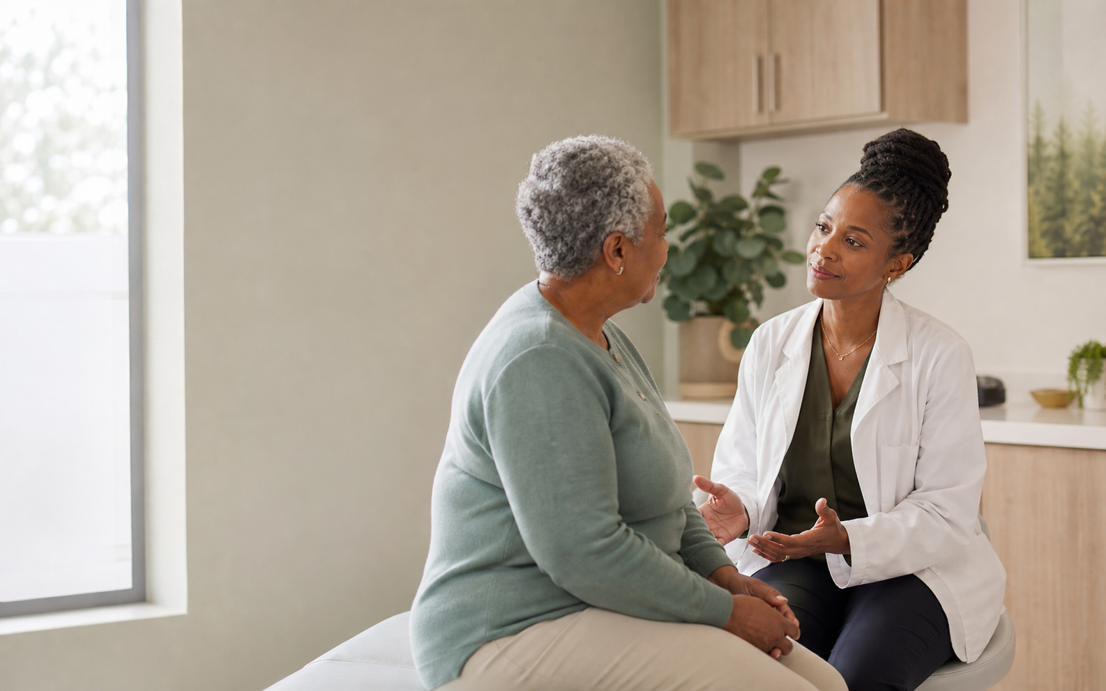 Fictional doctor speaking with a patient, used as concept imagery