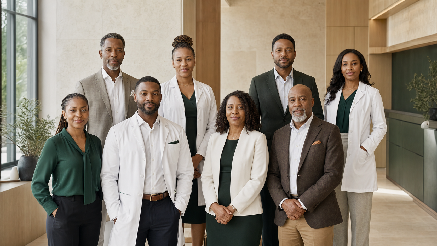 Eight fictional physicians shown as illustrative concept imagery